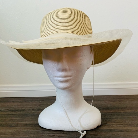 women Elegant Cream Wide-Brim Hat with Floral Accent